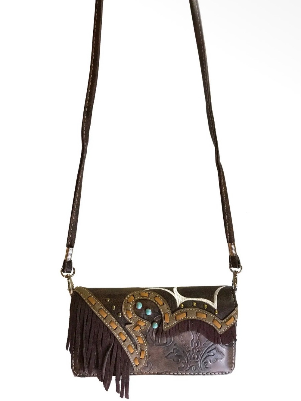 NWT Brown Fringe Crossbody Bag with Embossed Detail